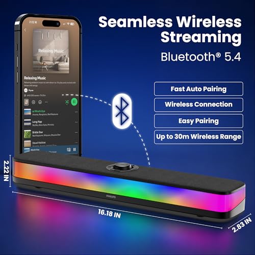 PHILIPS PC Sound Bar, Computer Speakers for Desktop, Bluetooth 5.4 Soundbar with Built-in Microphone, Clear Audio, RGB Lights with Volume Knob, USB Playback, for Laptop, Monitor, Gaming Setup