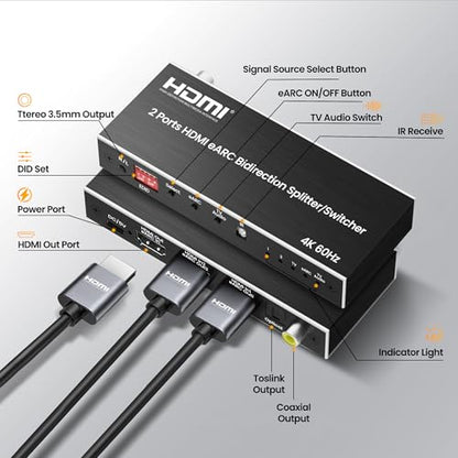 HDMI eARC Audio Extractor, HDMI Splitter 1x2, 4K@60Hz Switch 2 in 1 Out