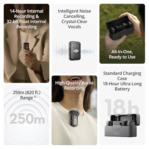 DJI Mic 2 (2 TX + 1 RX + Charging Case), Wireless Lavalier Microphone, Noise Cancelling, 820 ft. Range, Microphone for iPhone, Android, Camera Bundle with 2X Omnidirectional Condenser Lavalier Mics