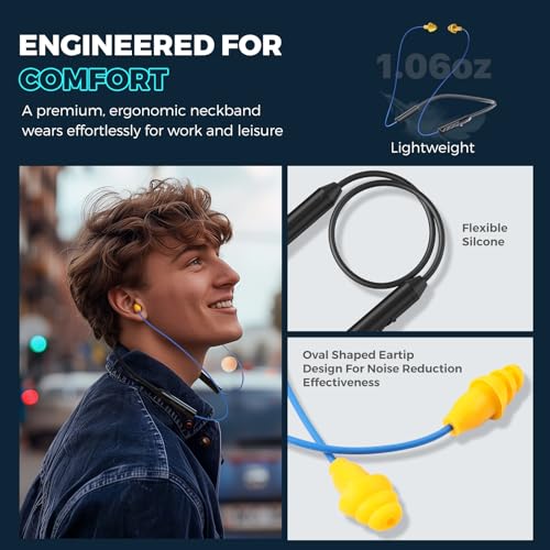 MIPEACE Bluetooth Earplug Headphones, Neckband Wireless Earbuds earplugs-29db Noise Reduction isolating in-Ear earplug Earphones and Controls,IPX6 sweatproof,20+Hour Battery(Blue) - color: Blue