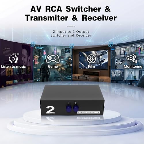 Duttek 2 Port RCA AV Switch Box, 2 in 1 Out Composite Video Audio Selector, RCA Switcher for DVD, Game Console, STB to TV