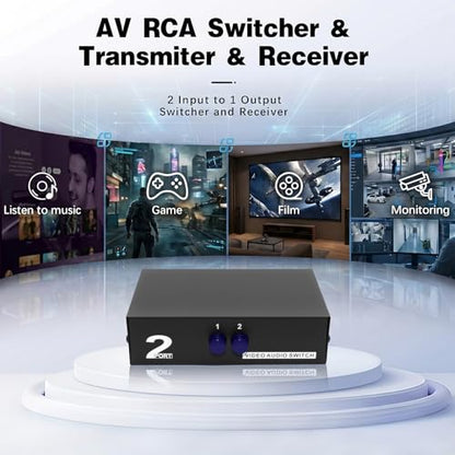 Duttek 2 Port RCA AV Switch Box, 2 in 1 Out Composite Video Audio Selector, RCA Switcher for DVD, Game Console, STB to TV