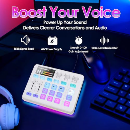 Portable Audio Mixer & Live Sound Card with Voice Changer, RGB Gaming Lights, Bluetooth Accompaniment, Compatible with, PC, for Streaming and Podcasting (White)