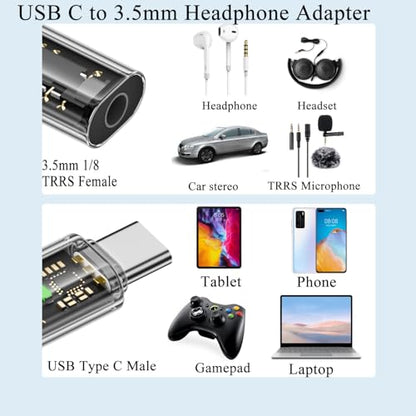 QIANRENON USB C to 3.5mm Headphone Adapter USB Type C Male to 3.5mm 1/8 TRRS Female Audio Connector USB C to 4 Pole 3.5mm Headset Converter, Compatible CTIA OMTP, for Smartphone Car Audio, 2Pcs