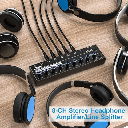 LZSIG Headphone Amplifier with Bass Boost, 8 Channel, 1 IN 8 OUT, DC 12V | Metal Stereo Audio Amplifier, Mini Earphone Splitter with Power Adapter, 1/4" & 1/8" TRS Headphones Output & TRS Audio Input - size: Large(8-channel)