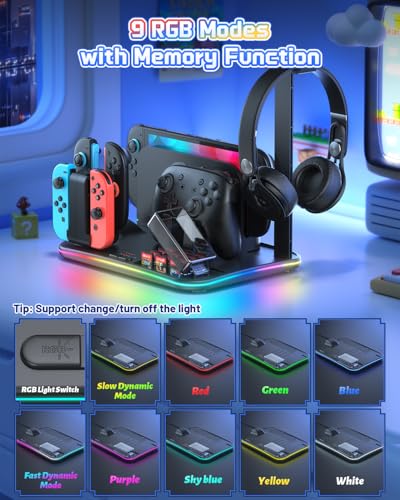 FASTSNAIL Charging Dock & Orgainzer Station & Fan for Nintendo Switch 2/1 | Charger Stand for Joycon 2/1, Storage for 4 Joypads, Pro Controller, 12 Card Slots, Headset Holder & NS2 Dock, 9 RGB Modes