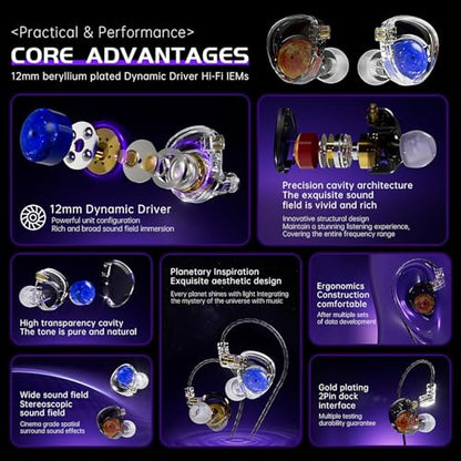 CCA ND Planet IEM Earphones: 12mm Dual Magnetic Drivers, HiFi Gaming Earbuds with Detachable 2-Pin Cable, Noise Isolating in-Ear Monitors for Musician Audiophile Singer DJ - color: Gold, style: With Mic