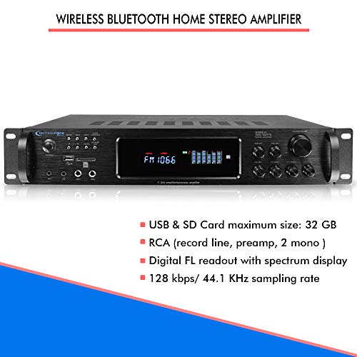 1500 Watt Bluetooth Home Stereo Amplifier, Digital Hybrid Multi Channel | Preamp, Tuner with USB and SD Inputs, 2 Mic Inputs, AM/FM digital tuner, Wireless Remote, Bass & Treble Controls
