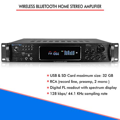 1500 Watt Bluetooth Home Stereo Amplifier, Digital Hybrid Multi Channel | Preamp, Tuner with USB and SD Inputs, 2 Mic Inputs, AM/FM digital tuner, Wireless Remote, Bass & Treble Controls