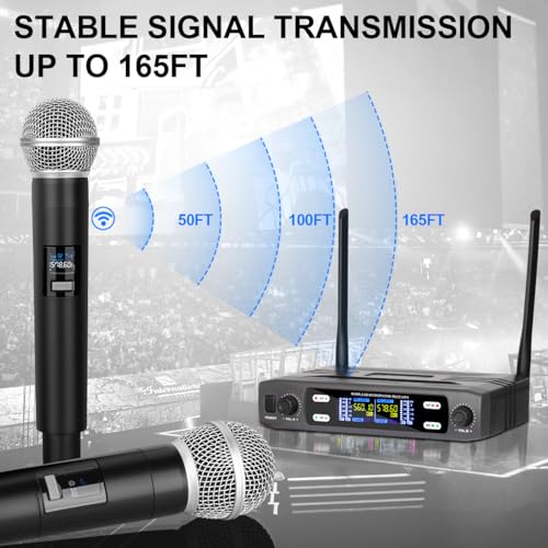 Depusheng Wireless Microphone System, VHF Fixed Dual Frequency Wireless Set with 2 Handheld Dynamic Transmitter Wireless Mic Set for Singing, Karaoke, Church, DJ,200ft Range - size: X2