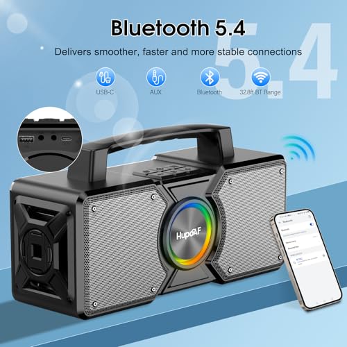 Hupoaf Speakers Bluetooth Wireless,160W Max Loud Bass Outdoor Speaker, IPX7 Waterproof, Boombox Sound, All Day Battery, Wireless TWS Pairing Speakers Portable for Party, Outsides, Beach,Garage