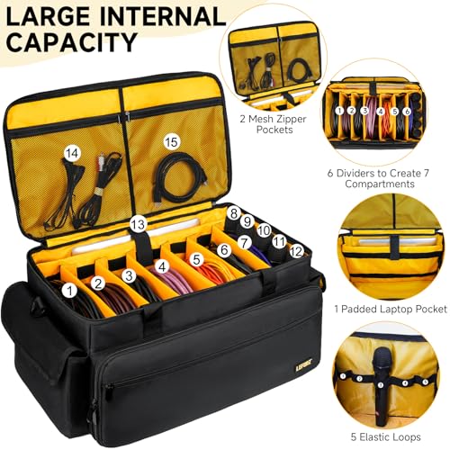 Large DJ Equipment Bag with 6 Detachable Dividers,DJ Cable File Bag with Laptop and Microphone Slots,Travel Dj Gig Organizer Bags for DJ Gear,Musicians, Professional and Dj Accessories( 21.5"×12"×11") - size: L( 21.5"×12"×11")