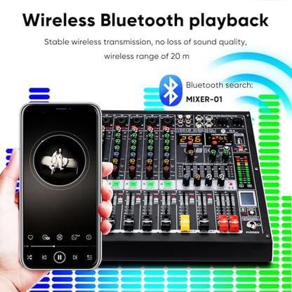 W IN-MIX 6 Channel Audio Mixer with Bluetooth, USB MP3 Player, 48V Phantom Power for Studio Recording, Live Performance, Karaoke, Podcast