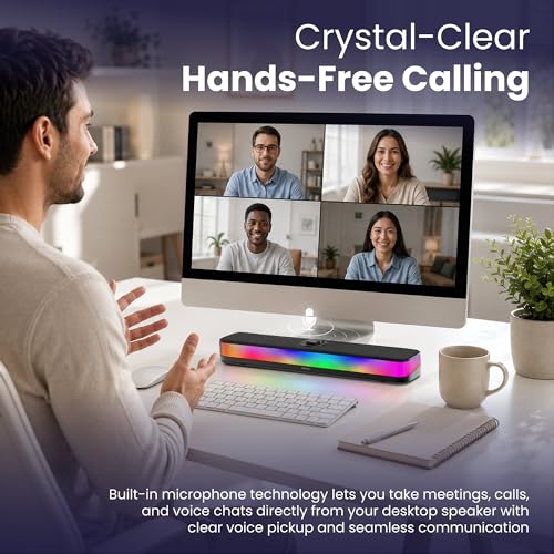 PHILIPS PC Sound Bar, Computer Speakers for Desktop, Bluetooth 5.4 Soundbar with Built-in Microphone, Clear Audio, RGB Lights with Volume Knob, USB Playback, for Laptop, Monitor, Gaming Setup