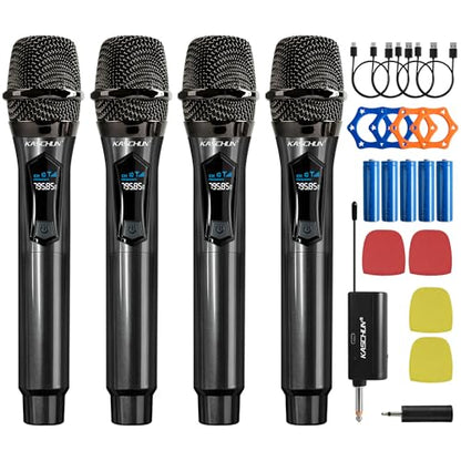 Wireless Microphone, 4 Rechargeable Handheld Dynamic Mics System | 200FT Range, Plug & Play, 10hr Battery, Karaoke Mics Set for Karaoke, Church, Wedding, Home Party, Group Singing