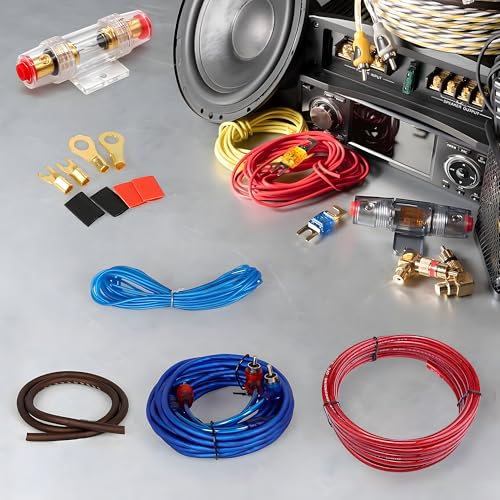 10 Gauge Car Audio Cable Amp Wiring Kit,1500 Watt 2 Channel RCA Stereo Subwoofer Installation Modification Wiring Harness with Fuse for Car Truck Motorcycle Audio Install