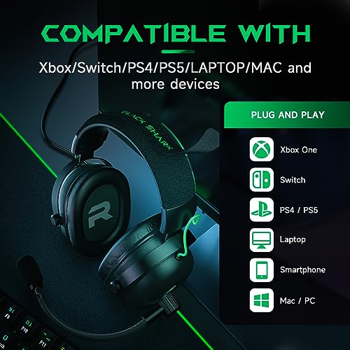 Black Shark Gaming Headset with Noise Canceling Cardioid Mic, Over-Ear Headphones for PC, PS4, PS5, Xbox, Switch, 50mm Dynamic Drivers & LED Light