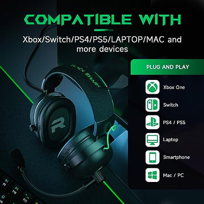 Black Shark Gaming Headset with Noise Canceling Cardioid Mic, Over-Ear Headphones for PC, PS4, PS5, Xbox, Switch, 50mm Dynamic Drivers & LED Light