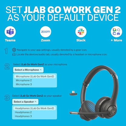 JLab, Go Work Gen 2, Wireless Headset, Bluetooth, USB Dongle, Boom Mic, Multipoint, Over Ear Headphones, Black