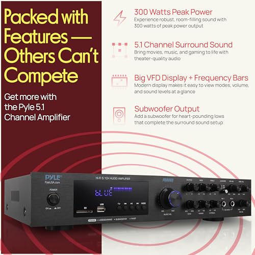 Pyle Bluetooth 5.1 Channel Home Entertainment Amplifier - Subwoofer Out - Easy Karaoke with Dual Mic Inputs w/ Echo, USB-A / SD Reader with MP3 Player, RCA In and Line out - PDA8BU
