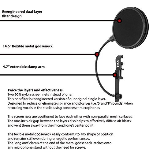LyxPro MOP-28 Dual Layer Microphone Pop Filter with Flexible Gooseneck