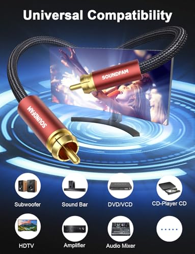 Subwoofer Cable RCA to RCA, Dual Shielded (Copper+Aluminum Foil) Digital Coaxial Audio Cable for Home Theater, Stereo, Amp - [ 10ft/3M, Red ] - color: COAX Subwoofer Cable, size: 10ft/3M