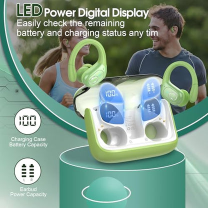 Wireless Earbuds 75H Bluetooth 5.4 Sport Headphones with Earhooks, Green | IPX7 Waterproof In-ear Buds Feature ENC Noise Cancelling Mic & Deep Bass. Stereo Sound Device for Gym Running Workout - color: Green