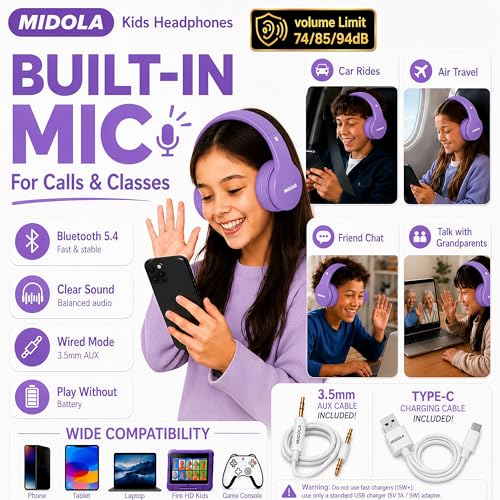 Kids Bluetooth Headphones Wireless 68 Hours,Safe Volume Limit 85/94dB | Adjustable Headband Foldable Over-Ear Lightweight for Toddler Girls Boys Tablet/iPad,HD Stereo,Built-in Mic,Light Purple - color: Light Purple