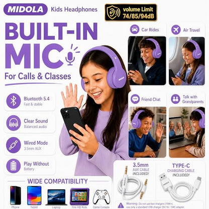Kids Bluetooth Headphones Wireless 68 Hours,Safe Volume Limit 85/94dB | Adjustable Headband Foldable Over-Ear Lightweight for Toddler Girls Boys Tablet/iPad,HD Stereo,Built-in Mic,Light Purple - color: Light Purple