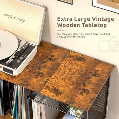 Record Player Stand with Adjustable Divider Vinyl Storage Holder Up to 200 Albums Mid-Century Large Record Player Table Vinyl Holder Turntable Stand End Table for Bedroom & Living Room, Patent Pending - size: 29.9"W x 13.4"D x 27.5"H