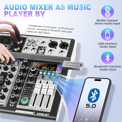 6 Channel Audio Interface Sound Board Mixing Console 16-Bit DSP DJ Mixer Audio Reverb Effect +48V Phantom Bluetooth Studio Audio Mixer For Karaoke Studio Streaming Recording