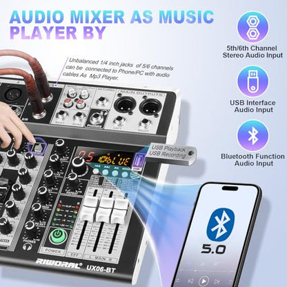 6 Channel Audio Interface Sound Board Mixing Console 16-Bit DSP DJ Mixer Audio Reverb Effect +48V Phantom Bluetooth Studio Audio Mixer For Karaoke Studio Streaming Recording
