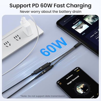 2 Pack USB C to 3.5mm Headphone and Charger Adapter, 2 in 1 Hi-Res 32bit/384kHz Aux to USB C with Safe PD 60W Fast Charging Dongle Cable for iPhone 17/16, Galaxy S26/S25, Google Pixel 10/9, and more - color: Black-2 Pack