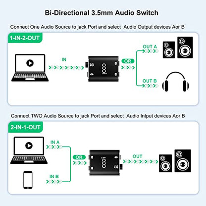 3.5mm Stereo Audio Switcher (1 in 2 Out/2 in 1 Out) | with 3.5mm Audio Cable, 2 Ports AUX Audio Speaker Selector, for PC Phone Laptop Headphone