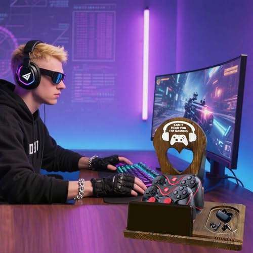 Wooden Headset Stand with Controller Holder - Multi-Functional Gaming Organizer for Desk, Detachable Design w/Phone Slot - Perfect Gamer Gift for Men, Dad, Graduation