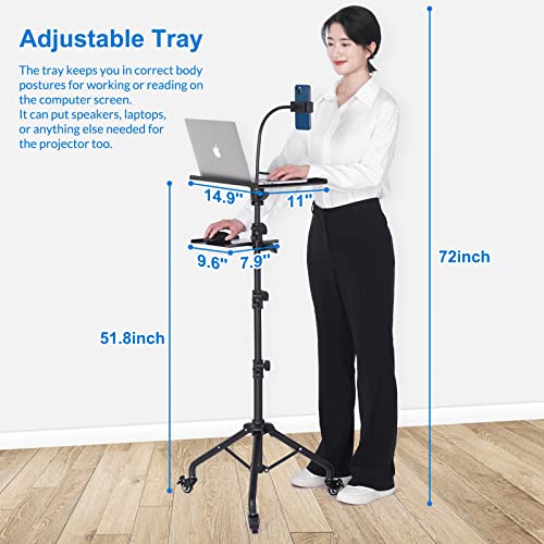 Tossbiss Laptop Tripod on Wheels with 2 Shelves | Portable Projector Floor Stand Adjustable Height 25.9 to 51.8 Inch with Phone Holder, Projector Stand