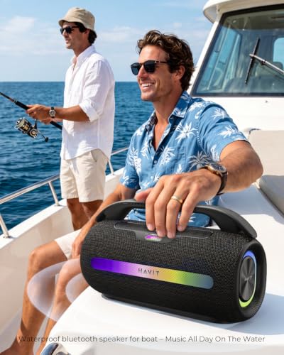 havit Outdoor Bluetooth Speaker, 120W Peak Loud Speakers with Deep Bass, Portable Wireless Speaker IPX6 Waterproof, RGB Light, 12H Playtime, TWS Stereo, EQ, for Party, Beach, Camping, Backyard, Garage
