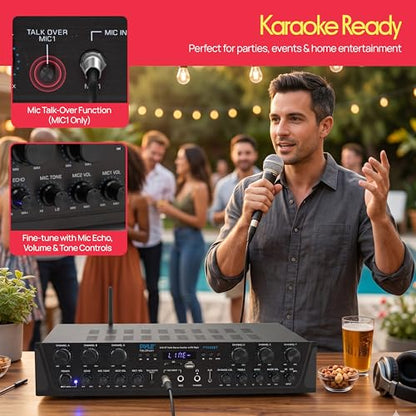 Pyle Wireless Home Audio Amplifier System - Bluetooth Compatible 6 Channel Stereo Receiver, 600W Max Power, Simple Karaoke with Dual Mic Inputs with Tone Control, PA with Talk Over - PTA66BT.6