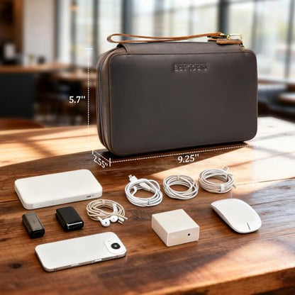 Polare Full Grain Leather Cable Organizer Travel Case Double Layers Electronics Accessories Carry Bag with YKK Zippers All-in-One Tech Storage Pouch for Cords, Power Bank, USB, Charger