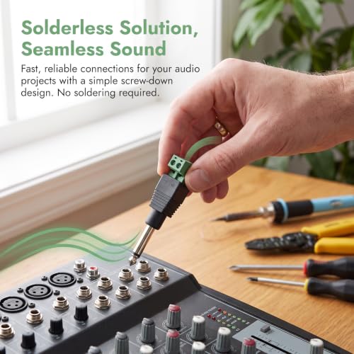 NANYI TS 1/4 Inch Jack, 6.35mm Mono Male Solderless Terminal Plug -2Pack | 6.35mm TS mono male; solderless screw terminal; green body; polarity marked; fits guitar amp speaker mic cable Plug - color: Green - welding free