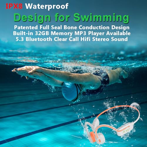 AYI Professional Swim Headphones True Bone Conduction Open Ear Headset MP3 Player Built-in 32G Memory IP68 Underwater Waterproof Bluetooth Earphone for Driving Bicycling Running Skiing-White - color: White Swim Headphone