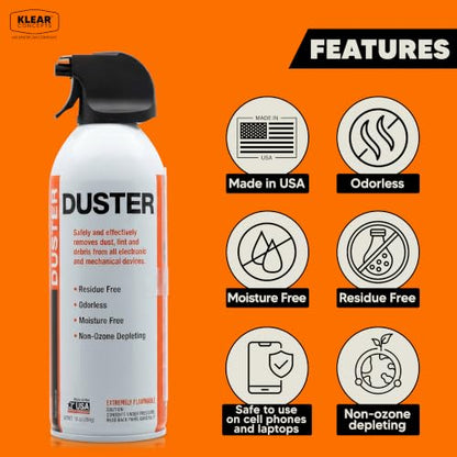 Compressed Air Duster for Computers, Made in USA, 10oz, 1 PC | Klear Concepts Canned Air for Electronics & Automotive, Removes Dust & Debris in Hard to Reach Areas, With Precision Straw