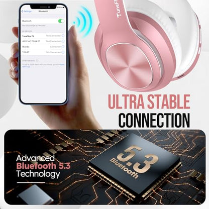 TuneFlux Wireless Bluetooth Headphones Over Ear, 80H Playtime, 3EQ Sound Modes, HiFi Stereo Headphones with Deep Bass, Foldable Bluetooth 5.3 Headsets for Smartphone/PC/Computer-Rose Gold - color: Rose Gold