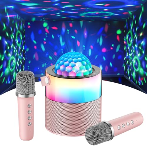 Karaoke Machine with Disco LED Lights for Kids Adults, Mini Portable Bluetooth Speaker with 2 Wireless Microphones, Birthday Gifts for Girls Family Party Basket Stuffers (Pink) - color: Pink