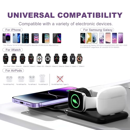 3 in 1 Wireless Charger, Foldable Magnetic Charging Station, Fast Travel Wireless Charging Pad for Multiple Apple Devices - color: Black