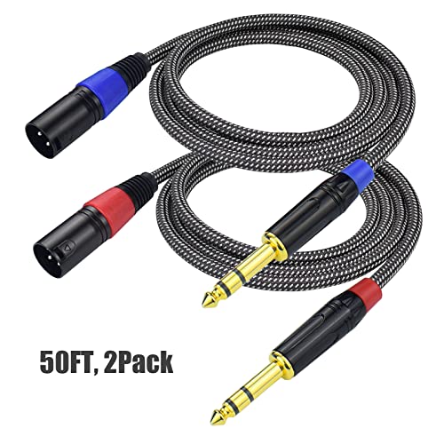 Balanced 1/4" TRS to XLR Male Patch Cable, 50Feet Quarter Inch 6.35mm to 3pin XLR Male Microphone Cable, Heavy Duty Nylon Braided, Gold Plated Plug, for Mixer, Speaker, Studio Monitor -2Pack - size: 50Feet, 2Pack