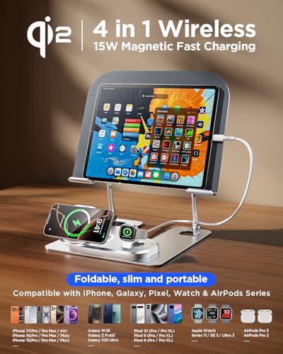 Adjustable Laptop Stand with Wireless Charger, Qi2 15W, 4in1 | Qi2 15W fast charging for phone and watch. 3-in-1 station with LED light. Fits 10-17.3 inch laptops. Foldable, holds 22lb