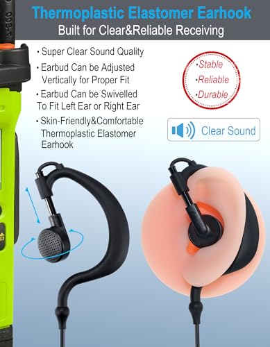 commountain Earpiece for Motorola Walkie Talkies CLS1110 RMU2080D RMU2040 | Also Fits CLS1410 DTR DLR RDU RMM Series 2-Pin Radios, G-Shape Earhook Headset Fits Left or Right Ear, Noise Reducing PTT Mic