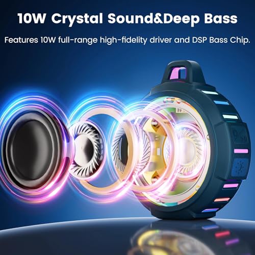 XLEADER X8, Upgraded, Portable Bluetooth Speaker, Certified IP67 Waterproof Shower Speaker, Silicone Case, 10W Bass, 24Hrs Playtime, Small, Floating, RGB Lights, Clip, for Pool Beach Kayak, Sea Blue - color: E-Blue