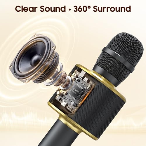 BONAOK Bluetooth Karaoke Microphone, Wireless Mic for Kids Adults to Sing | Bluetooth 5.0, Echo Mode,Built-in Speaker, SD Card, for iPhone iPad, Handheld,Home Karaoke,Party,Gifts - color: Black Gold